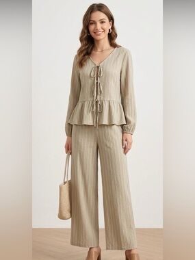 ❗️( TWO FOR 10$) Women's Beige Two-Piece Wide-Leg Pant Suit Set